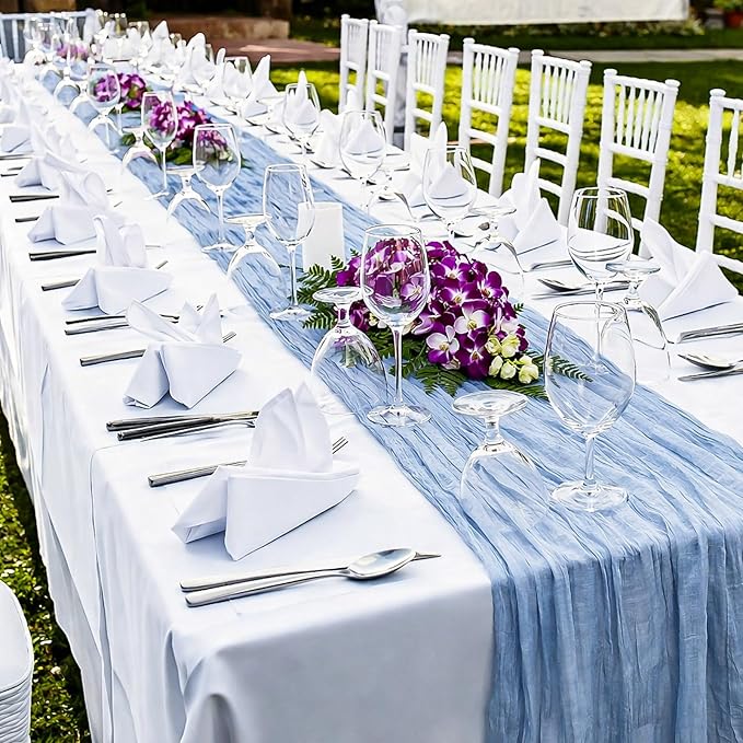LemonRoad 4 Pcs 20ft Cheesecloth Table Runners Extra Long Boho Rustic Gauze Fabric Cheese Cloth Runner for Wedding Decorations Baby Shower Party Supplies Boho Table Bridal Shower Decor (Light Blue)