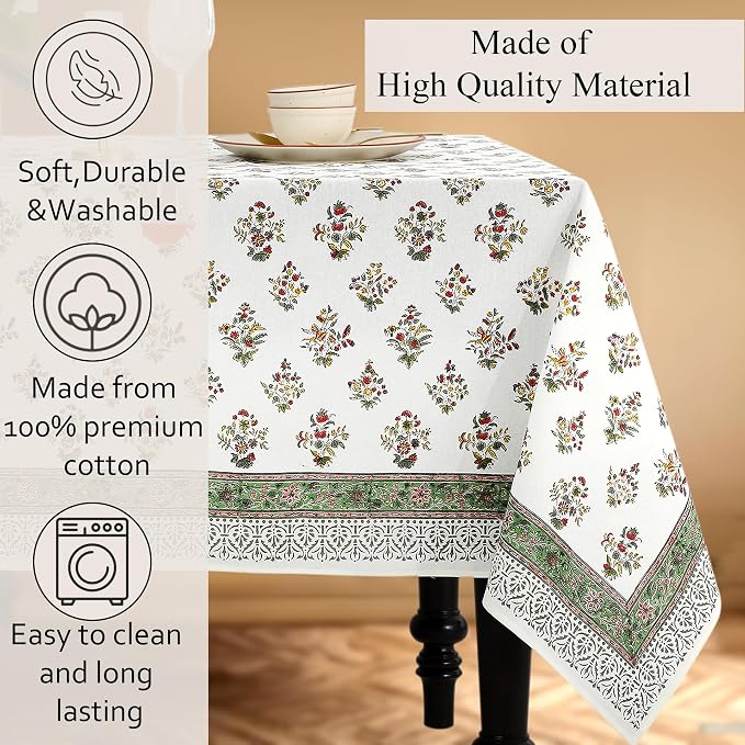 CPC Block Print Tablecloth Fall Green 60"x60" Square 100% Cotton Reusable Table Cover, Everyday Decorative Table Cloth Use for Dining, Farmhouse, Home Gift for Spring, Mother's Day