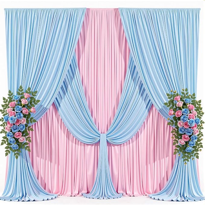 10x8ft Blue Pink Photo Backdrop Curtains for Gender Reveal Wrinkle Free Polyester Photoshoot Curtains Drapes Backdrop for Baby Shower Boy or Girl Birthday Party Photography Background 2 Panels 5x8FT