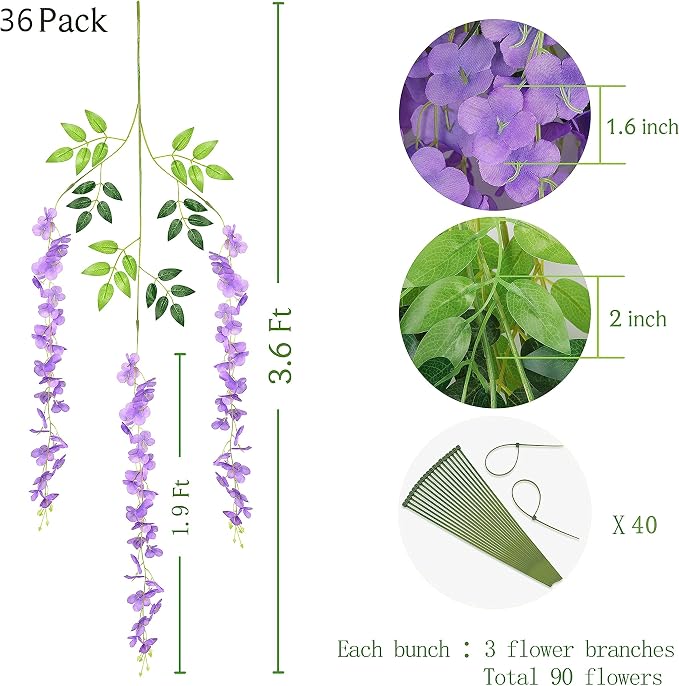 BLEUM CADE 36Pcs Purple Fake Wisteria Hanging Flowers, 3.6Ft/Pcs Artificial Wisteria Garland, Hanging Flowers for Wedding Party Home Backdrop Wall Decoration