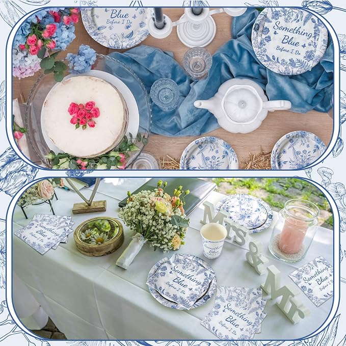 Zhehao 250 Pcs Something Blue Bridal Shower Plates Napkins Sets 50 Pcs 9'' Dinner Plates and 7'' Dessert Plate and 9oz Cups 100 Napkins Serves 50 Party Supplies Bridal Shower Engagement Decoration