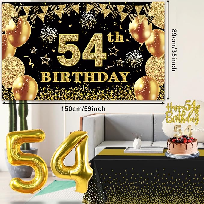 54th Birthday Decorations Men Women with 54th Birthday Banner, Black and Gold Table Cloth, Number Balloons, Large Sash, Cake Topper and Candles