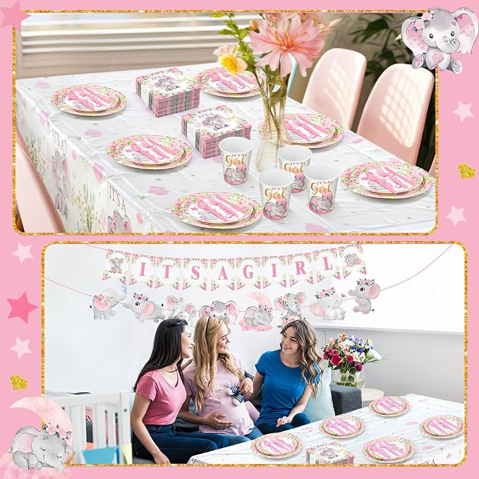 405 Pcs Pink Elephant Style Baby Shower Decorations for Girl, It's a Girl Tableware Set Baby Shower Plates Napkins Cup Cutlery, Pink Elephant Party Supplies with Tablecloth, Serves 50 Guests