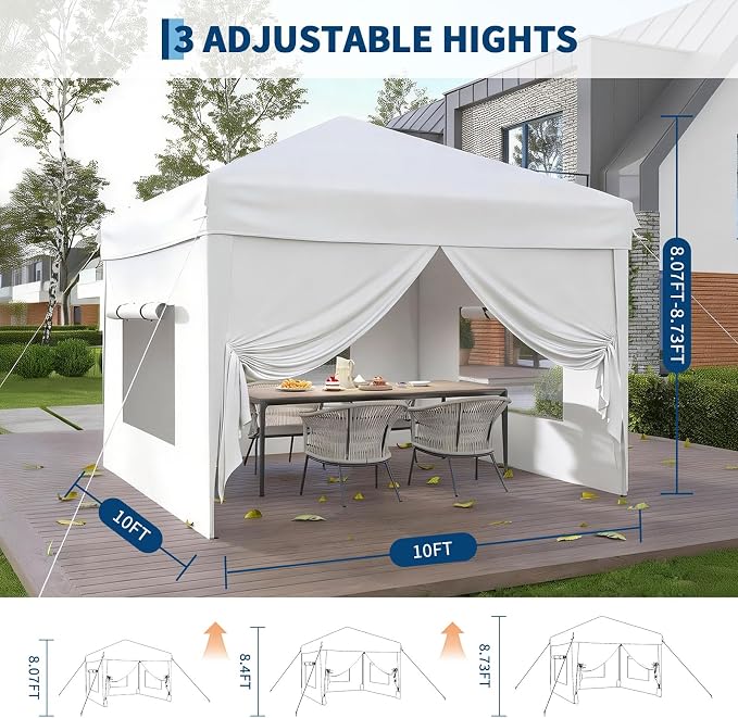 GarveeLife 10x10 Pop Up Canopy Tent with 4 SideWalls, Easy Up Canopy with 3 Adjustable Height, Outdoor Sun Shade with 4 Sandbags & Carrying Bag for Camping, Parties,Outdoor Events-White
