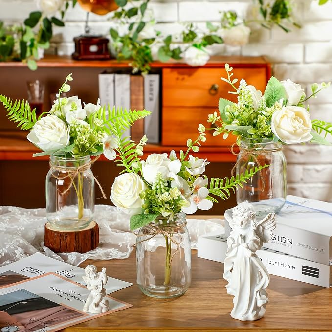 XunYee 10 Set Mason Jar Table Centerpiece with Flower Mason Jar Flower Centerpiece Vases Decor for Engagement Party Bridal Shower Wedding Reception Table Decor(White,Rose)