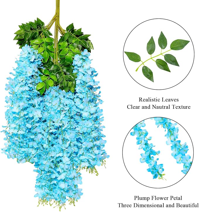Pauwer Wisteria Hanging Flowers 24 Pack Fake Flower Garland Artificial Wisteria Vines Rattan Silk Flower String Wedding Party Wall Decorations,Blue