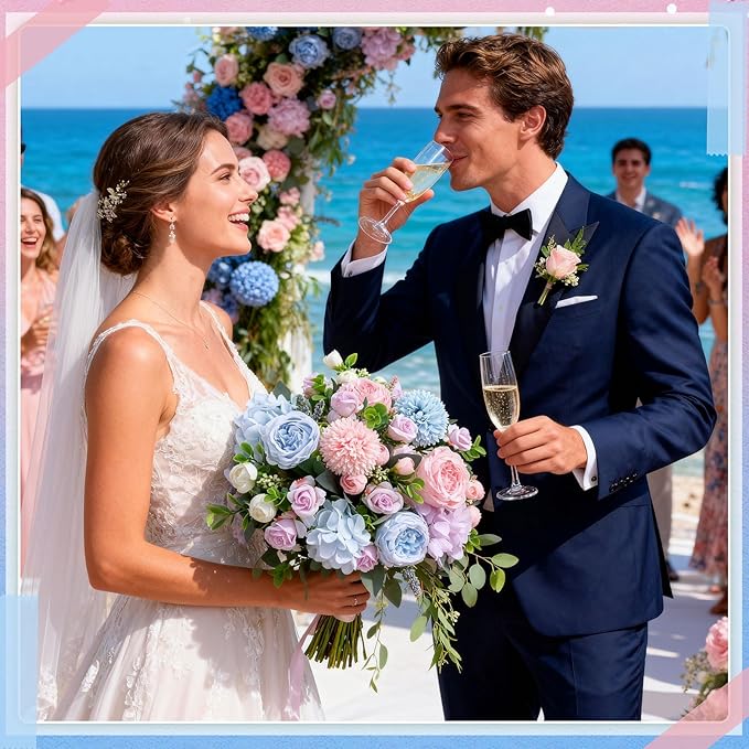 Geosar 16 Bundles Artificial Peonies Flowers Fake Silk Peony Bouquet Faux Peonies Flowers Bulk for Decoration Vase Floral Arrangements Wedding Party Table (Light Pink,Light Blue)