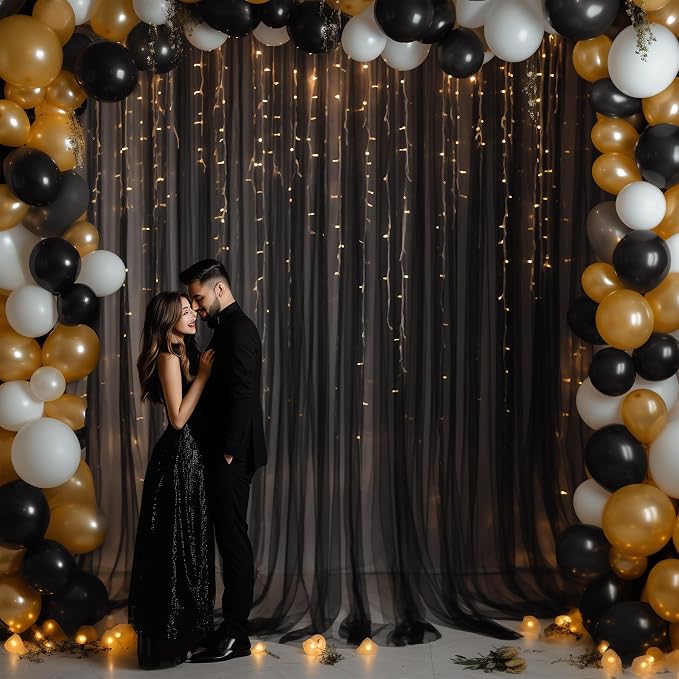 10x8ft Black Tulle Backdrop Curtain with Lights String for Parites, Sheer Photo Backdrop Curtains with Lights for Wedding Backdrop Ceremony Reception Bridal Shower Baby Shower Birthday Party