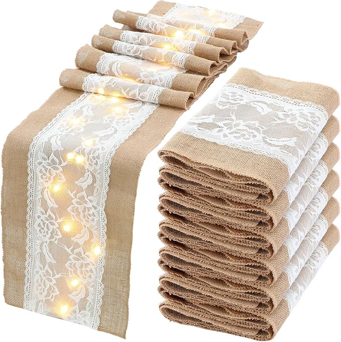Xinnun 6 Pack Burlap Table Runner with Warm LED Lights,Rustic Lace Wedding Table Decor,Boho Farmhouse Jute Runner for Reception Bridal Shower Party(Novelty,12x108 Inches)