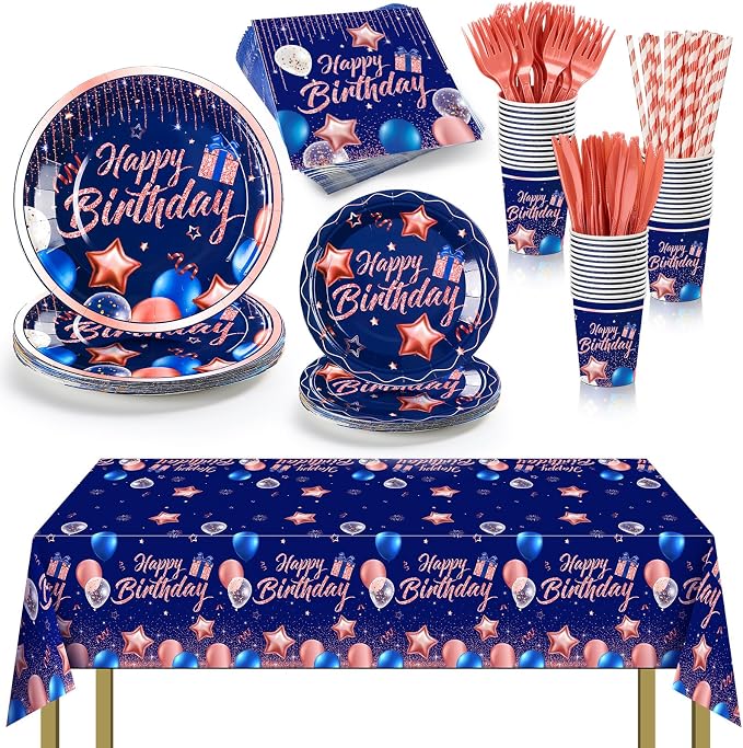 Norme 176 Pcs Navy Blue and Rose Gold Birthday Tableware Set for Women Birthday Decoration Includes Tablecloth Paper Plates Napkins Paper Cups Forks Knifes Straws for 25 Guests Party Supplies (Bright)
