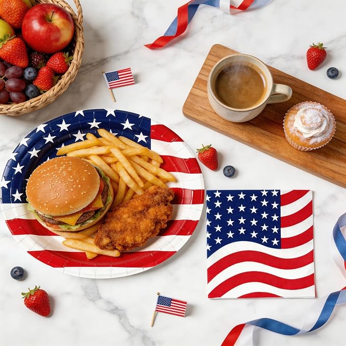 100 Pcs 4th of July Patriotic Paper Plates and Napkins Set Heavy Duty,12"x10" Large Red White Blue Oval Disposable Tableware Set for Veterans Election Day Independence Day American Flag Party Decor