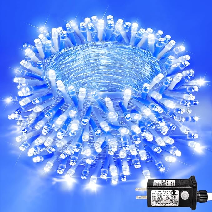 Blue and White Christmas Lights Outdoor, 82 FT 250 LED Christmas String Lights Waterproof 8 Modes, Plug in Clear Wire Twinkle Fairy Lights for Indoor Outside Tree Patio Yard Bedroom Decorations