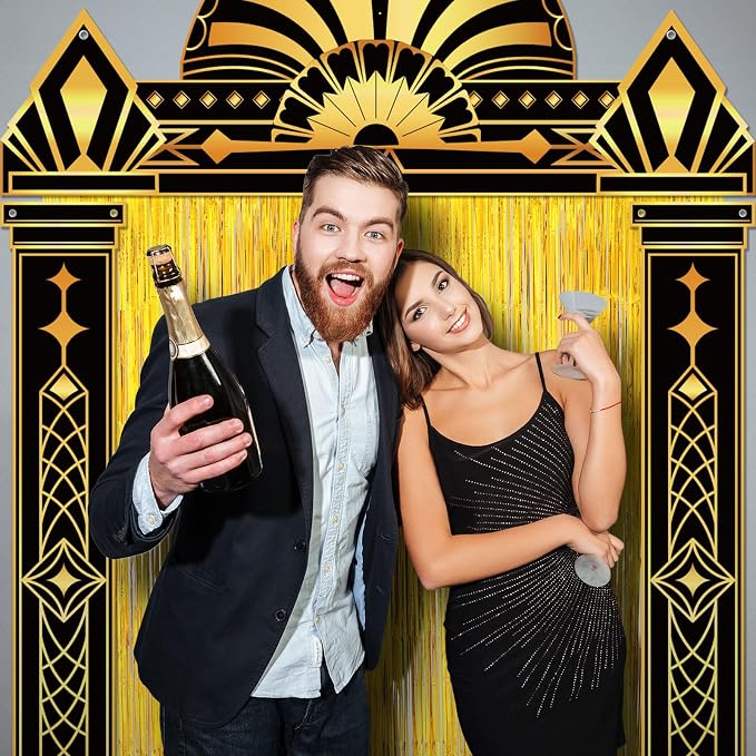 Peryiter 5 Pcs 1920s Party Decorations with Gold Foil Curtain Backdrop Roaring 20's Themed Backdrop Awards Night Party Decor for Vintage Black Gold Art Event for Halloween, New Year, Birthday