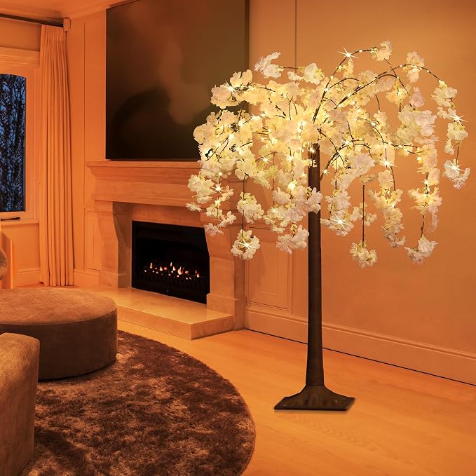 OUSHENG Lighted Cherry Blossom Tree LED Artificial Trees for Decoration Inside, Light up Fake Plant with Faux Flower for Home Wedding Party Festival Christmas Indoor Decor, Warm White, 4FT