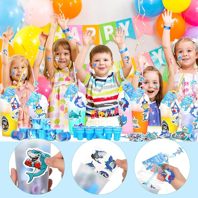 Qilery 195 Pcs 16 Guests Shark Birthday Party Favors for Kids Includes Plastic Cup with Lid Straw Keychain Bracelet Ring Stamper Stickers Tag for Party Favors Piñata Filling