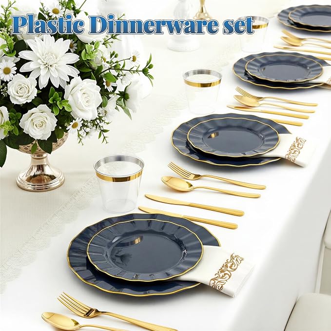 Glowserve 175 Piece Disposable Plastic Plates Dinnerware Set for 25 Guests | 50 Plastic Plates,25 Silverware Set,25 Cups and Napkins,Party Wedding Birthday,Family Gathering,Fancy Plastic Plates