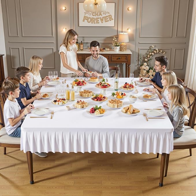Wish Care White Spandex Tablecloths for 60x60 Inch Square Tables, Stretch Fitted Table Clothes with Pleated Ruffle Skirt for 60” Table, Wrinkle Free and Elastic, for Party Kitchen Home Dining