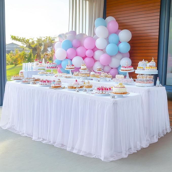 White Table Cloth Rectangle Table Covers for 6 Foot Tables, White Tulle Table Skirt Rectangle Table 6ft Stretch Tulle Tablecloth Skirt Fitted Elastic Banquet Party Wedding Table Cloth for 6 Foot Table