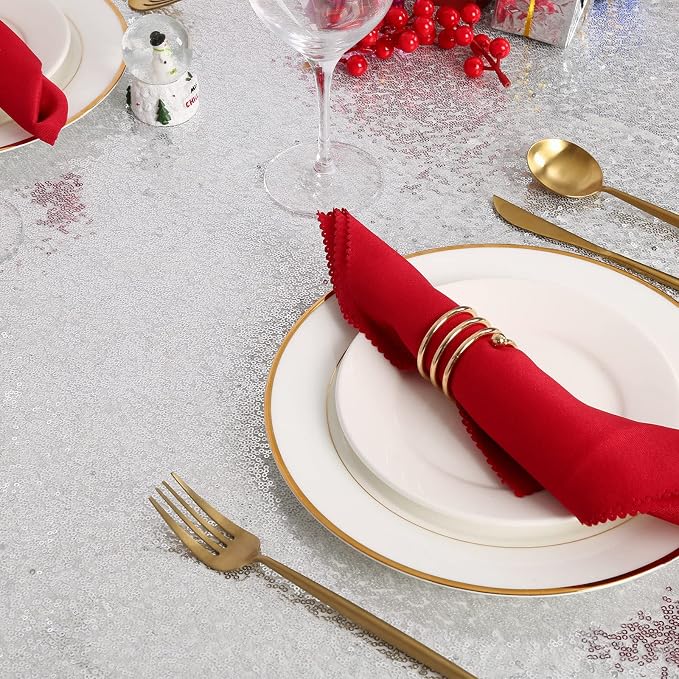 B-COOL 60x102 Inch Silver Tablecloth Christmas Rectangle Silver Sequin Tablecloth Sequin Table Linens Glitter Tablecloth Wedding Sequin Tablecloth for Xmas Halloween