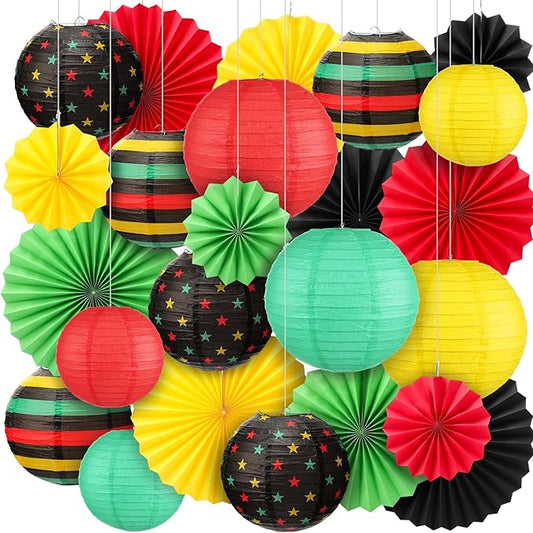 VIHOSE 24 Pcs Black History Month Decorations Juneteenth Decorations Red Green Yellow Round Hanging Lanterns Paper Fan Flowers for African American Party Independence Celebrate Freedom Party Supplies