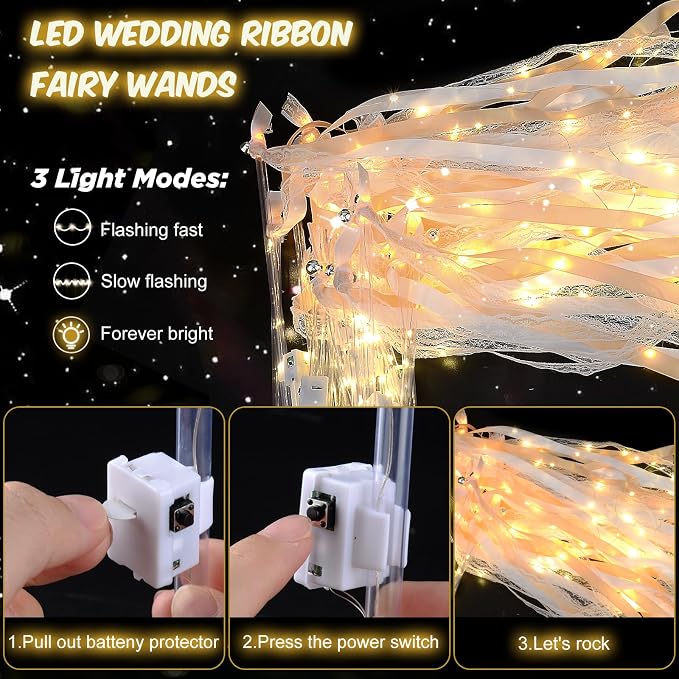 HONLYNE 58 PCS Wedding Wands with Lights,Fairy Wands, LED Silk Fairy Wand with Bells for Wedding Send Off, New Year, Raves, Concert, Birthday