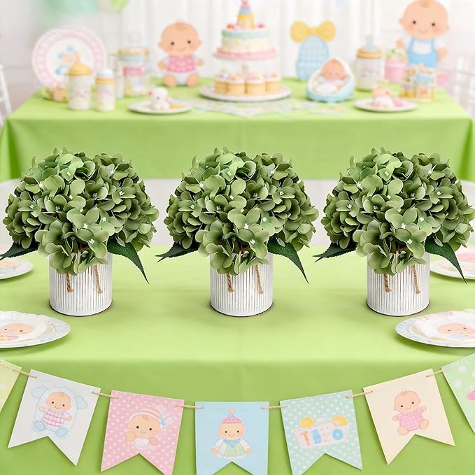 Flower Table Centerpieces - Set of 6 Floral Arrangement Artificial Wedding Hydrangeas Floral Arrangement with Rustic Metal Vase for Bridal Tea Party Event Decorations - Sage Green