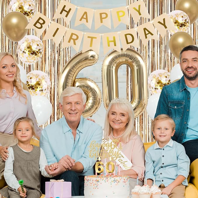 Trgowaul 60th Birthday Decorations for Women, Banner, Sash and Crown, Cake Topper, 60 Number Balloon, Fringe Curtains, Champagne Gold 60th Birthday Party Supplies