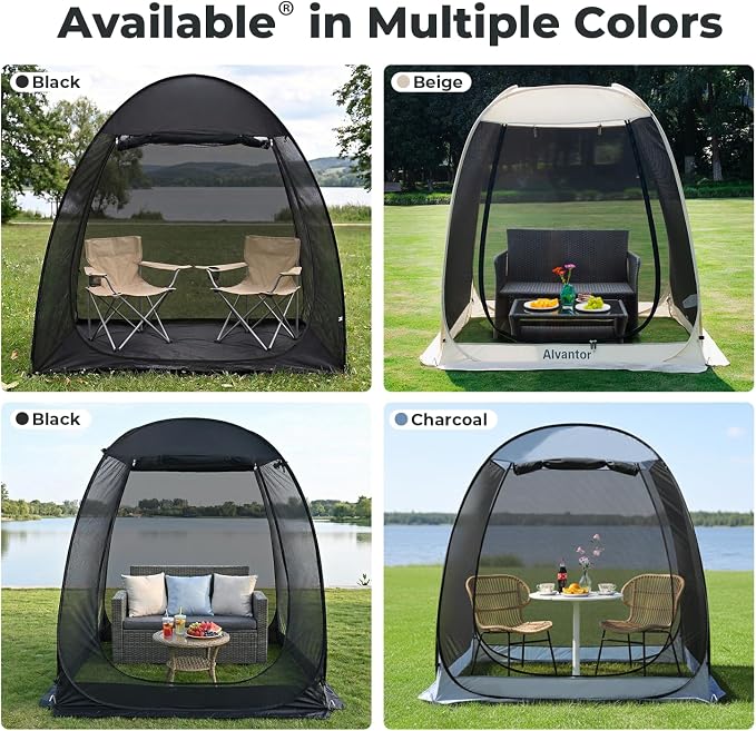 Alvantor® Pop Up Screen House Tent 6x6 FT, Snap-fit Black Mesh Screen Gazebo with Peaked Roof, Portable Screen Room Canopy Shelter with Sunshade & Sandbags for Camping, Backyard, Picnic