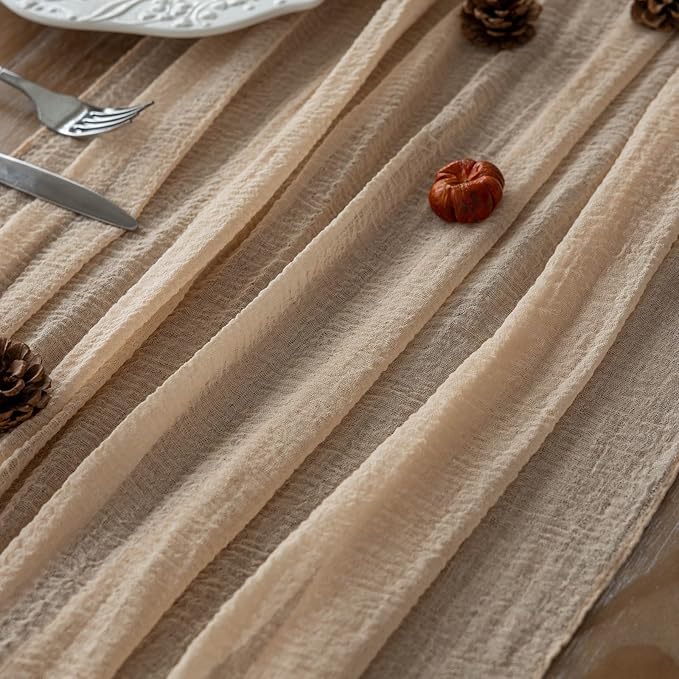 Keketoarrange 6pcs Deep Beige Cheesecloth Table Runner Rustic Boho Butter Gauze 120 Inch 10 FT Cheese Cloth for Wedding Baby Bridal Shower Birthday Engagement Party Long Sheer Spring Home Decorations