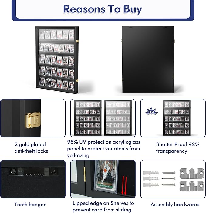 35 Graded Sports Card Display Case - Baseball Card Display Frame Lockable for, Football, Basketball, Hockey & Trading Cards - UV Protection & Clear Acrylic, Black