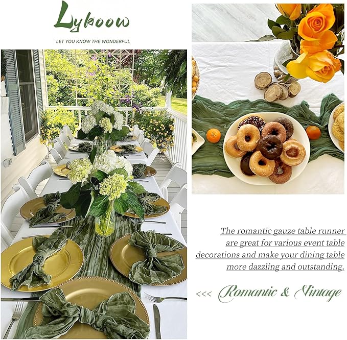 24 Packs Olive Green Table Runner, Charming Cheesecloth Table Runner 17 x 108inch, Gauze Boho Wedding Decoration Rustic Sheer Fabric Cheese Cloth Table Runners for Wedding Party Bridal Shower