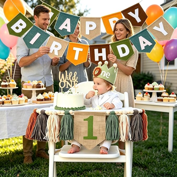 Wild One First Birthday Decorations For Boy-High Chair Banner First Birthday Boy Felt Happy Birthday Banner With Lion Crown, Wild One Highchair Banner Jungle Safari Birthday Party Decorations