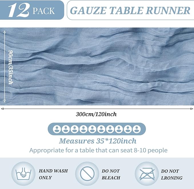 12 Pack Cheesecloth Table Runner 35 x 120 inch Long Boho Cheese Cloth Gauze Table Runners Semi Sheer Table Runner for Wedding Decor, Bridal Shower, Birthday Party (Dusty Blue)