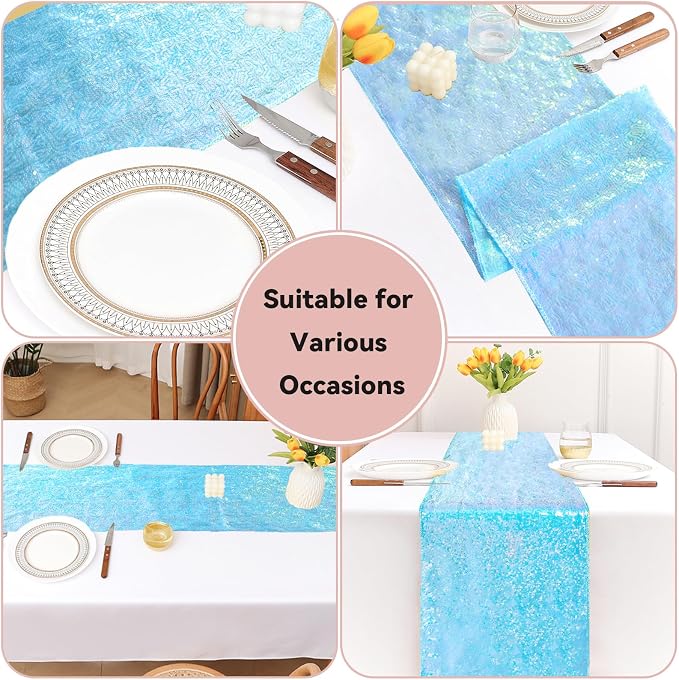 Sugargirl 10 Packs 12 x 72 inches Sequin Table Runner, Glitter Mermaid Blue Table Runner for Birthday Party Supplies Wedding Holiday Celebration Event Decorations