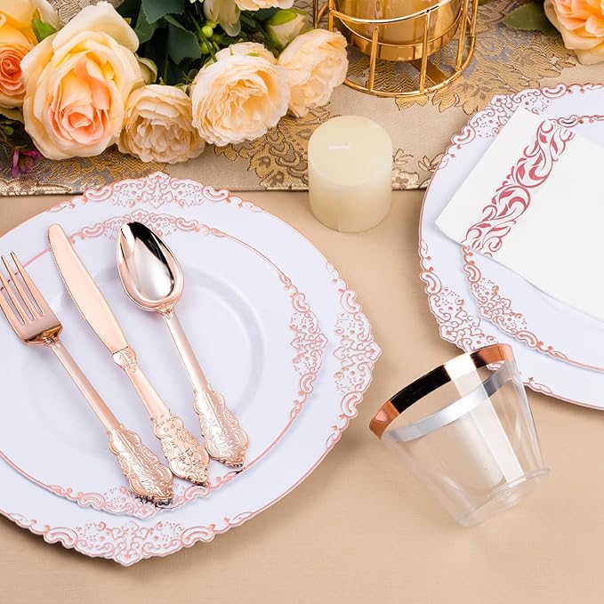 Bestluck 350PCS Rose Gold Plastic Plates for 50 Guests, Disposable Dinnerware Set Includes 100 Disposable Plates, 150 Rose Silverware, 50 Cups, 50 Napkins for Party, Wedding