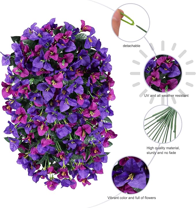 Faux Bougainvillea Artificial Flowers Plants for Outdoors Outside Decor, 2pcs Fake Flowers Silk Long Trailing Vines UV Resistant Realistic Faux Flowers for Front Door Porch Planter Balcony Yard, Mix