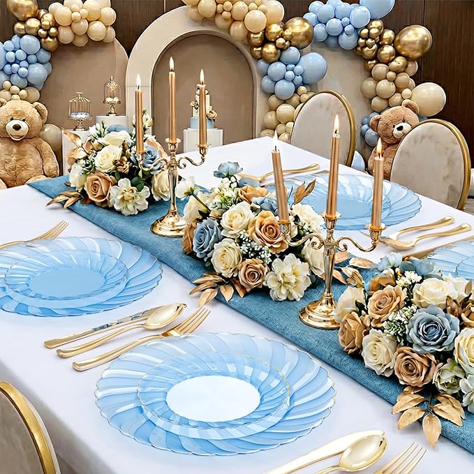 YOUBET 125PCS Clear Blue Gold Plastic Plates - Blue Disposable Plates With Gold Rim Include 25 Dinner Plates 25 Dessert Plates 75 Golden Silverwares for Wedding Birthday & Parties