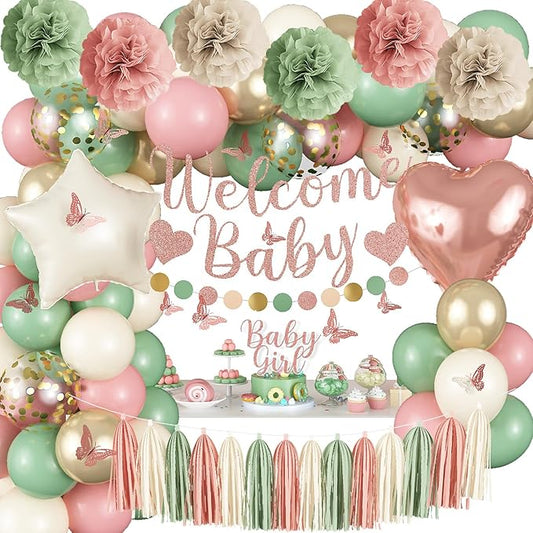 Baby in Bloom Baby Shower Decorations, Sage Green Dusty Blush Pink Gold Sand White Latex Confetti Balloons with Banner Cake Topper Pom Poms Tassel for Girls Boho Fairy Floral Birthday Party Decoration