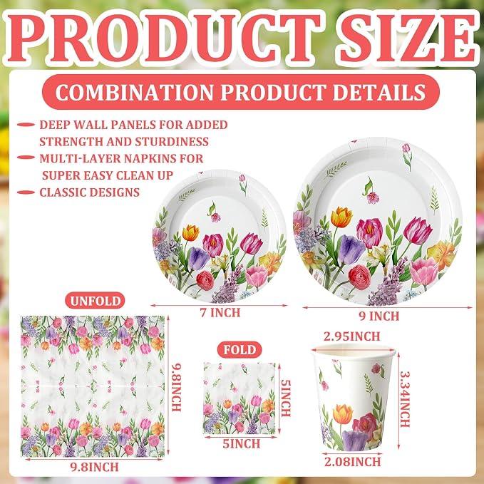 Hsei 250 Pcs Tulip Floral Plates and Napkins Party decorations Disposable Tableware Sets Baby Shower Birthday Party Supplies Serves 50 Guests Dinnerware Baby Bridal Shower Party Favors