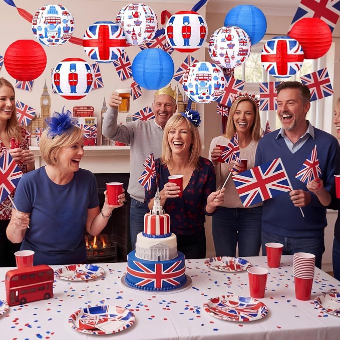 Panelee 12 Pcs British Party Decoration Britain UK England Flag Theme Hanging Paper Lanterns with London Double Decker Bus Telephone Booth Lanterns Decorative for Hanging Coronation Party Decor