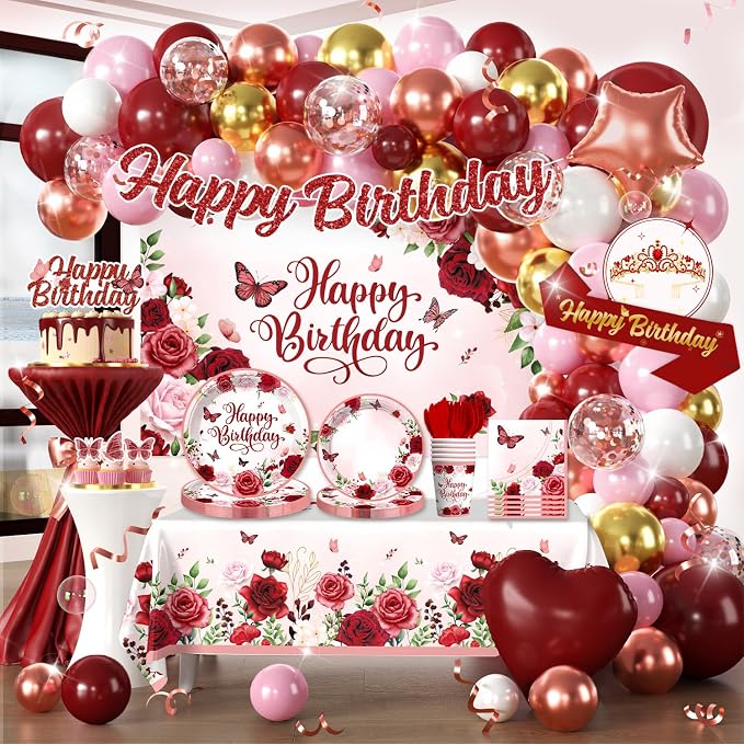 271 Pcs Burgundy Party Decorations, All-in-one Women Birthday Decorations with Burgundy Balloons, Banner, Backdrop, Plates and Napkins Set, Floral Happy Birthday Decorations Rose Gold