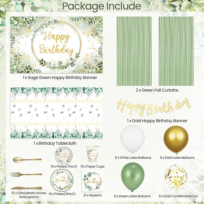 Sage Green Birthday Decorations 118PCS Olive Green Happy Birthday Banner Backdrop Balloons Garland Arch Kit Tablecloth Greenery Gold Plates and Napkins Party Supplies for Women Girls Baby Shower Decor