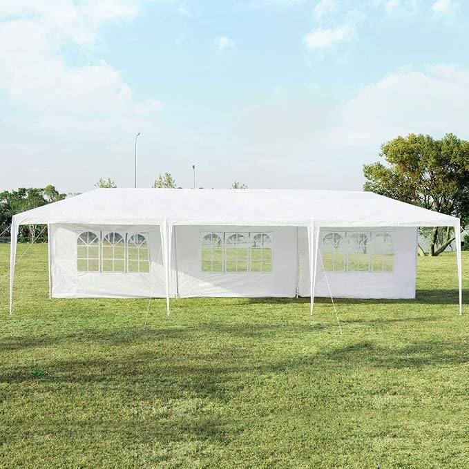 Tangkula 10' x 30' Party Tent, Portable Outdoor Tent with 5 Removable Sidewalls, and Connection Stakes, Ropes, Suitable for BBQ, Beach, Garden and Outdoor Events, Wedding Tent, White