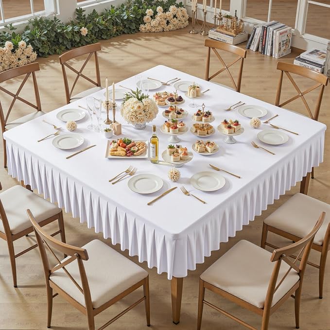 Wish Care White Spandex Tablecloths for 60x60 Inch Square Tables, Stretch Fitted Table Clothes with Pleated Ruffle Skirt for 60” Table, Wrinkle Free and Elastic, for Party Kitchen Home Dining