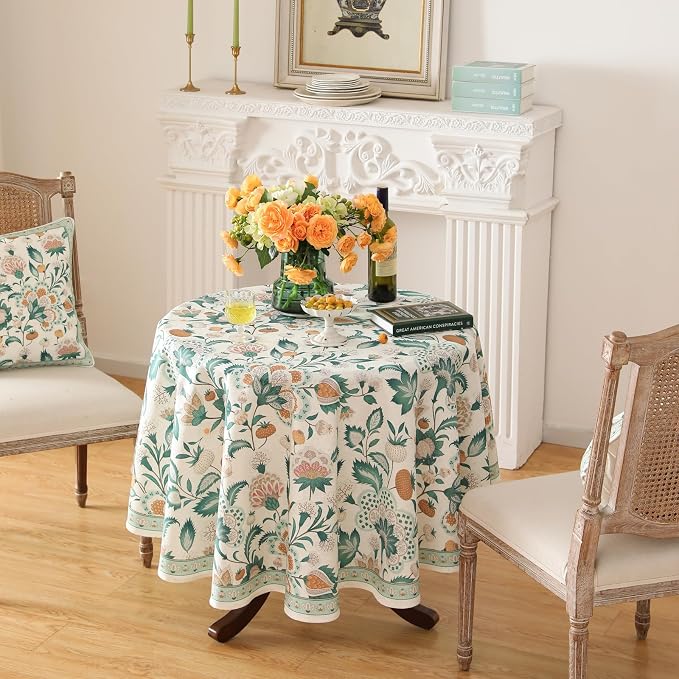 patdrea Vintage French Linen Tablecloth,Round,Diameter 67"-Tree Life | Elegant Colorful Table Cloth for Round Table,Green Floral Patterned,for Dining Room Tea Party Thanksgiving,Durable