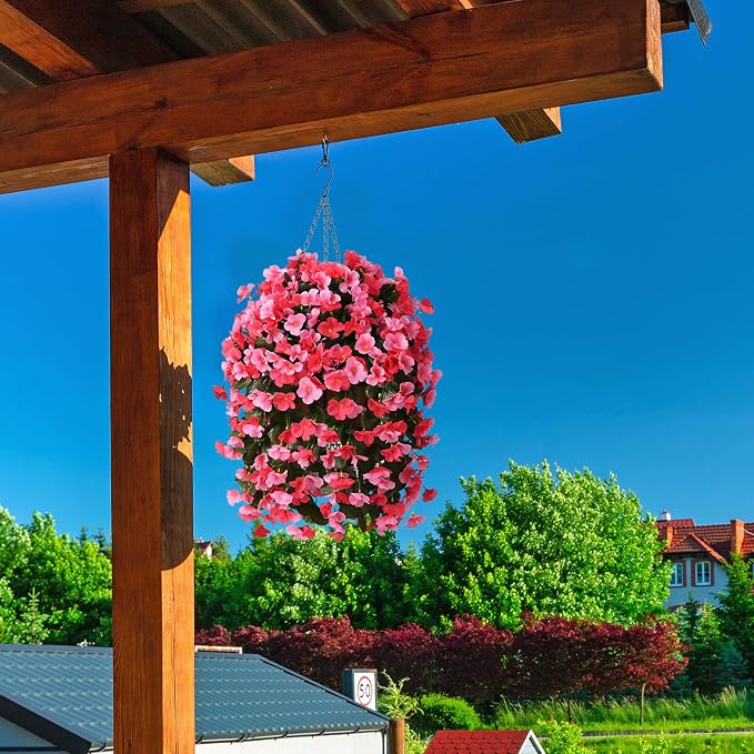 INQCMY Artificial Hanging Flowers Basket for Outdoors Spring Summer Decoration,Faux Silk Begonia in Planter Look Real UV Resistant for Outside Home Porch Patio Garden Balcony Yard Decor（Deep Pink）