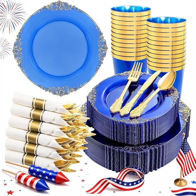 Hioasis 210pcs Blue and Gold Plates - Blue Party Plates for 30 Guest, Include 60 Heavy-duty Plates(20% Thicker Than Standard), 30 Pre Rolled gold Plastic goldware Set, 30 Cups for & 4th ofJuly