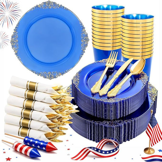 Hioasis 210pcs Blue and Gold Plates - Blue Party Plates for 30 Guest, Include 60 Heavy-duty Plates(20% Thicker Than Standard), 30 Pre Rolled gold Plastic goldware Set, 30 Cups for & 4th ofJuly