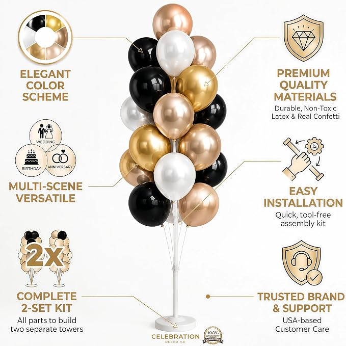 Balloon Column Kit Set of 2 With Balloons Included - with Base, and Pole,Balloon Tower Backdrop Decoration for Wedding, Baby Shower, Birthday Party, or Bachelorette Parties (Black Champagne Gold)