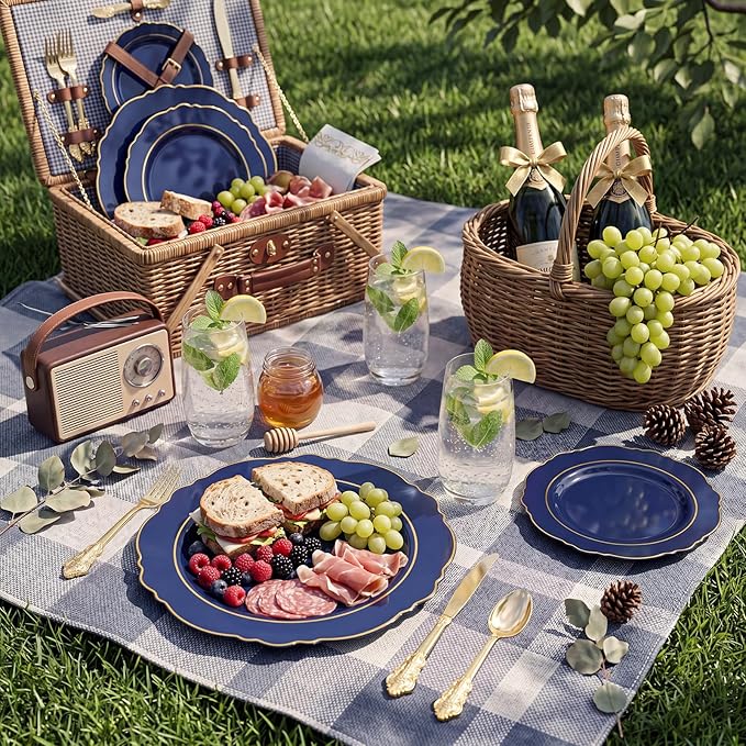 KIRE 210Pcs Navy Blue Plastic Plates - Blue and Gold Plates Disposable - 30guest Baroque Plastic Dinnerware for Upscale Wedding/Parties/Passover/Graduation